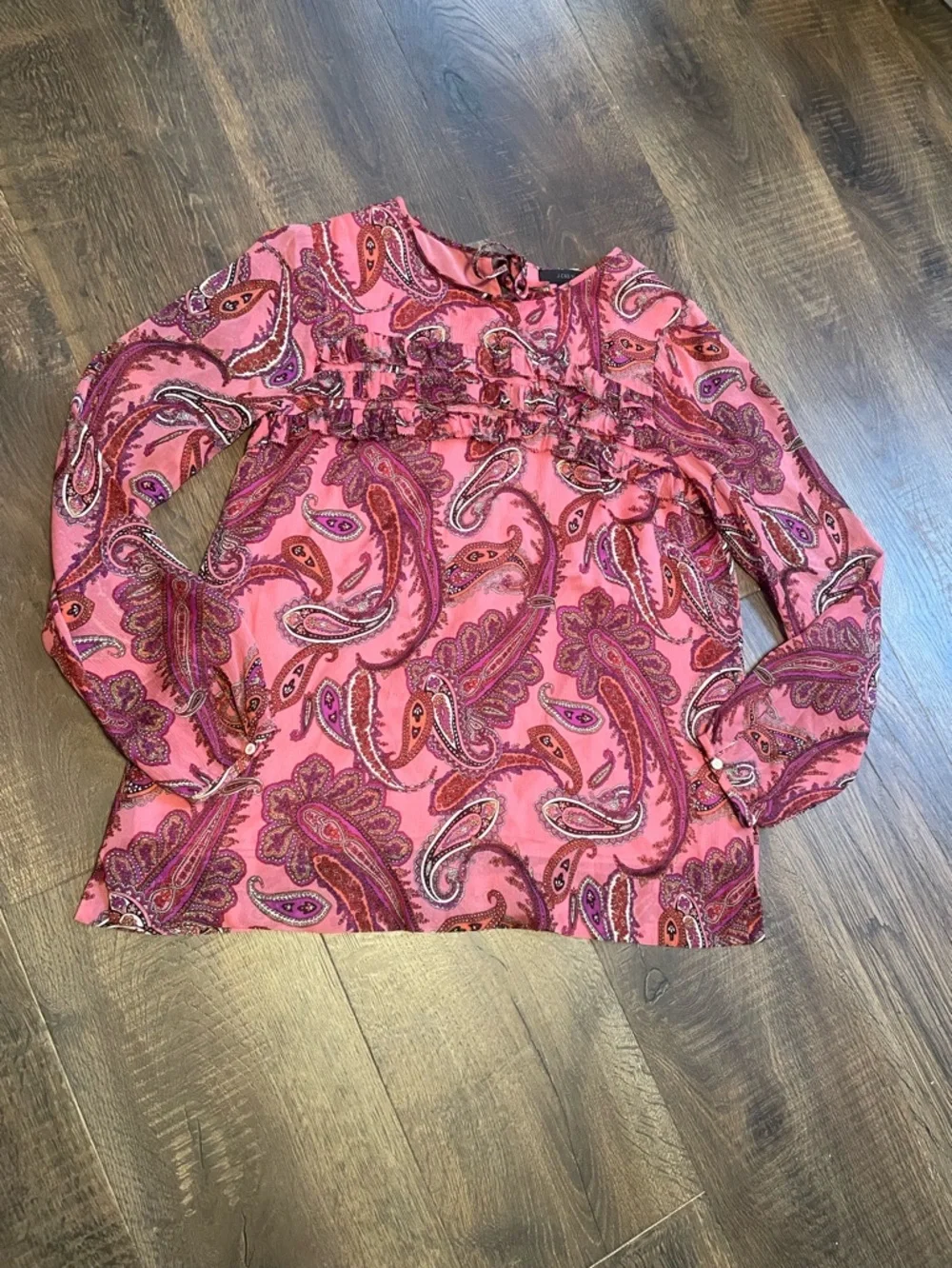 J.Crew Paisley Ruffle Top‎ Blouse  Sheer Silk Size 00 Pink